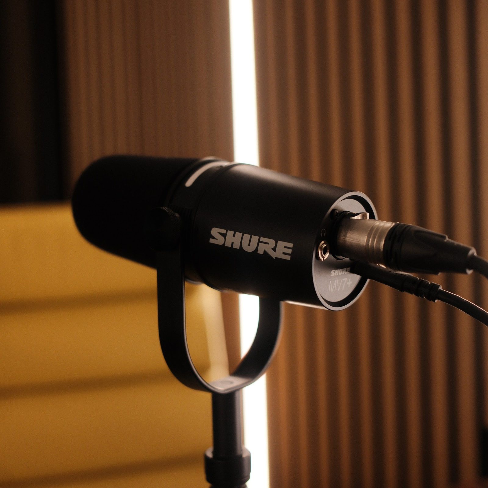 One of the four Shure microphones on its stand, lit by the vertical strip lighting